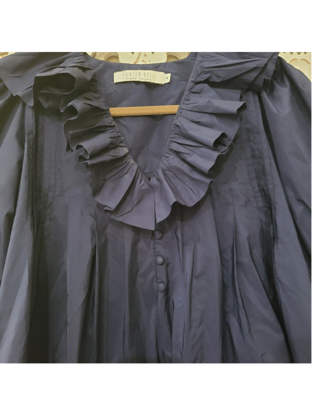 Hunter Bell Sullivan Ruffled Neck Puff Sleeve Mini Dress Navy Blue SZ Medium - Picture 5 of 10